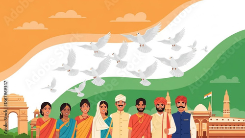 Indian People Celebrating with Doves Flying over Green Hill and Monument