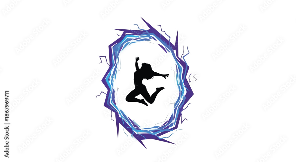Fototapeta premium Joyful silhouette of a person leaping through a vibrant, energetic portal.