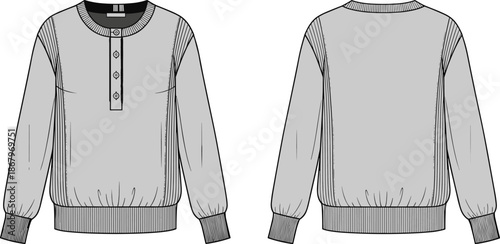 Pullover top fashion sketch, long sleeve garment, ribbed collar detail, button placket, front back view, casual wear, CAD drawing flat vector illustration