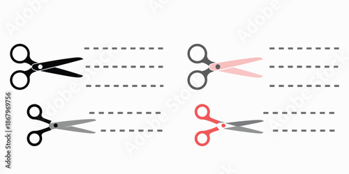Four Pairs of Scissors Cutting Dashed Lines in Different Colors vector illustration