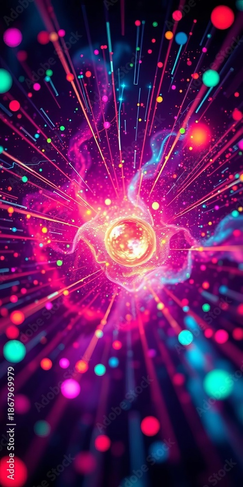 Obraz premium A microscopic nebula of data streams forms a pulsating, neon-hued galaxy within a futuristic interface, pattern, interface