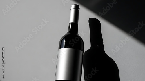 Two wine bottles on a gray surface one in light and one in shadow