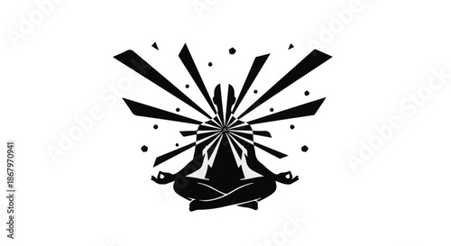 Silhouette of person meditating with radiating energy and stars, representing inner peace and enlightenment