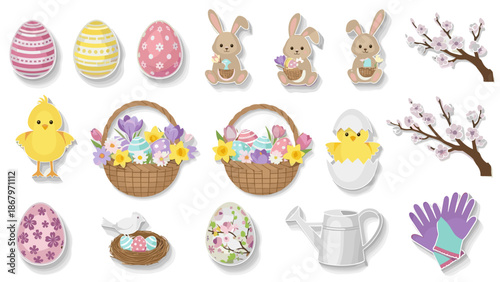 Collection of cute easter eggs bunnies chicks flowers and spring