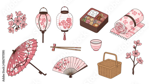 Collection of traditional japanese accessories and items with cherry blossoms