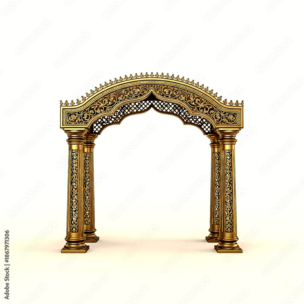 Naklejka premium Golden archway with intricate carvings and floral motifs in a3D rendering on a white background isolated on a transparent background