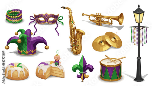 Collection of colorful mardi gras masks musical instruments and decorations