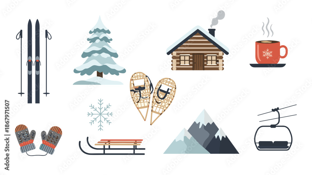 Fototapeta premium Winter outdoor activity icons including skis snowflakes and cabin