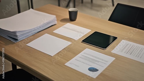 Professional Office Table with Business Documents Tablet and Coffee Cup for Meeting Preparation.