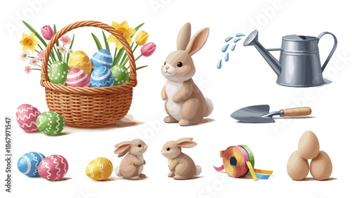Easter celebration with basket eggs bunny chicks and gardening tools