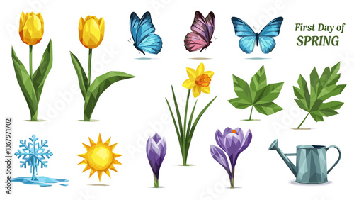 Springtime floral and butterfly collection with tulips and leaves