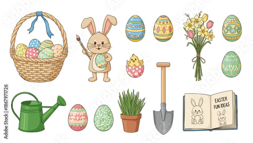 Easter basket with bunny eggs flowers and gardening tools