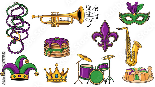 Colorful mardi gras celebration with masks, beads, crown, and instruments