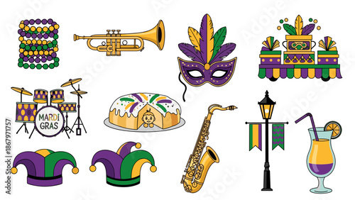 Colorful mardi gras celebration with masks, beads, and festive decorations