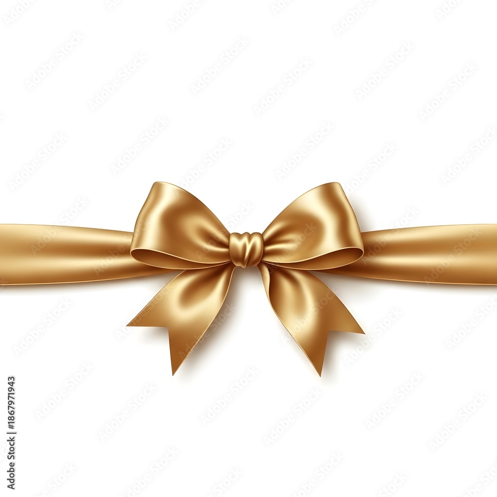 Fototapeta premium Golden ribbon tied in a bow on a white background for decoration or gift wrapping with ribbon bow and luxury gift wrapping and elegant decoration