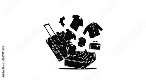Tired of packing? Clothes spill out of an overflowing suitcase, ready for adventure or a hasty departure.