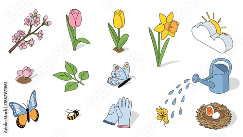 Collection of spring flowers and insects with gardening tools