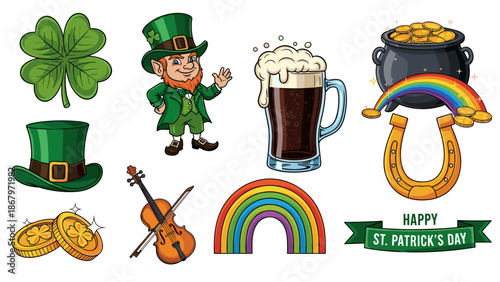 St patricks day celebration icons including leprechaun rainbow and beer