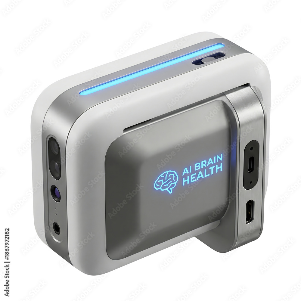 Obraz premium AI Brain Health device with glowing blue lights and ports
