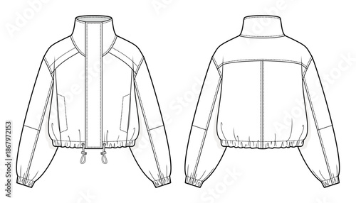 Waterproof Jogging Anorak Jacket Technical Fashion Illustration. Lightweight Rain Jacket with Funnel Neck, Hidden Zipper Under Oversized Placket, Drawstring Hem. Front and Back Views. CAD Mockup Set.