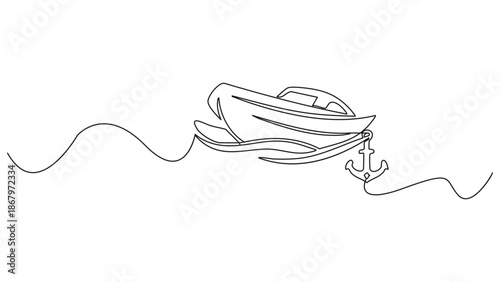 Abstract single stroke line modern illustration speedboat cruising on waves with anchor