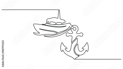 Minimal continuous one stroke drawing illustration luxury yacht with hanging anchor