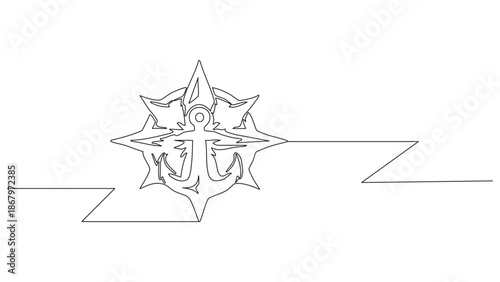Modern single stroke line clean outline style compass rose and ship anchor