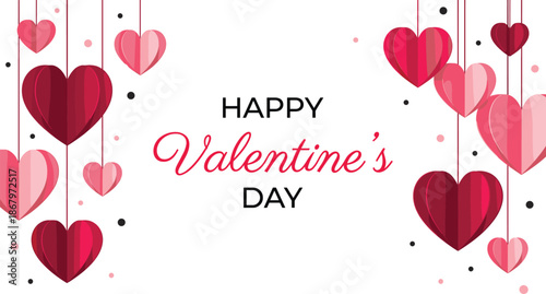 Happy Valentine’s Day greeting background, hanging red pink hearts illustration, romantic love celebration design isolated white