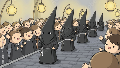 Kooky cartoon crowd of people in black hooded robes. Group of hooded figures walking. People in dark robes. Cartoon illustration of mysterious figures. Black hooded characters. Vector
