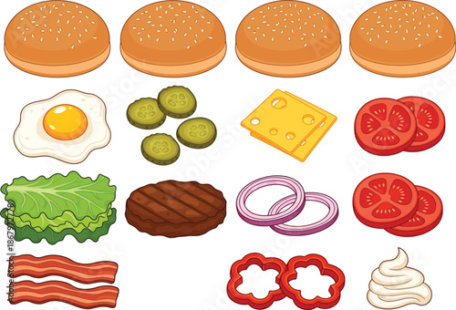 Assembled burger ingredients with separate bun, beef patty, lettuce, cheese, tomato, pickles, onion, bacon, and sauce