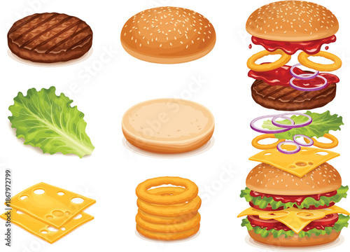 Deconstructed burger ingredients and a fully assembled burger