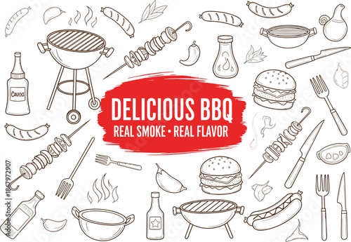 Hand-drawn collection of delicious bbq food and grilling tools