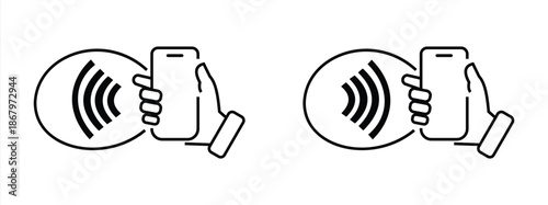 NFC technology. Hand holding Phone. Contactless wireless pay sign logo. Near Field Communication nfc payment concept. Contact less. NFC payment with mobile phone. Credit card