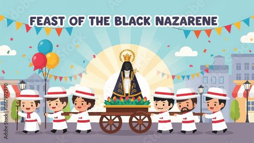 Feast of the Black Nazarene celebration. Vector illustration of procession with statue on cart. People in traditional clothing. Colorful balloons and flags. City background. Festive scene.