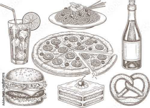 A collection of classic american fast food items and drinks