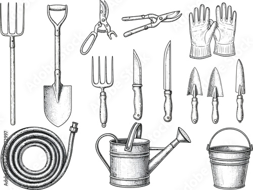 Collection of vintage garden tools and accessories illustration