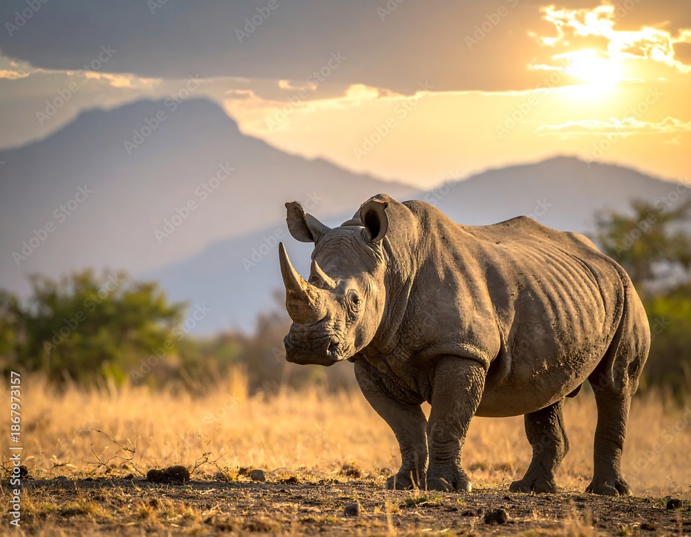 Fototapeta premium Large rhino stands in a field with a mountain backdrop at sunrise