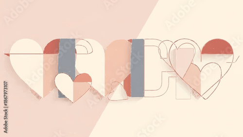 Modern artistic rendition of the word FAITH crafted from overlapping hearts and geometric patterns in a serene pastel color palette, symbolizing love and belief