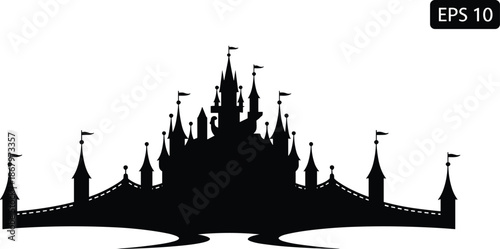 Fairytale castle silhouette illustration, fantasy kingdom palace skyline, medieval royal architecture icon, magical storybook design isolated on white background vector