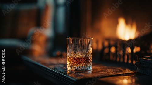 Cozy Evening Setting with Glass of Whiskey by a Warm Fireplace