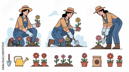 Woman gardening planting flowers in soil with tools and watering can.
