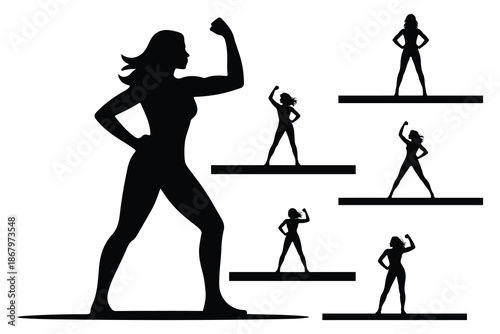 Silhouettes of women flexing muscles on ascending steps