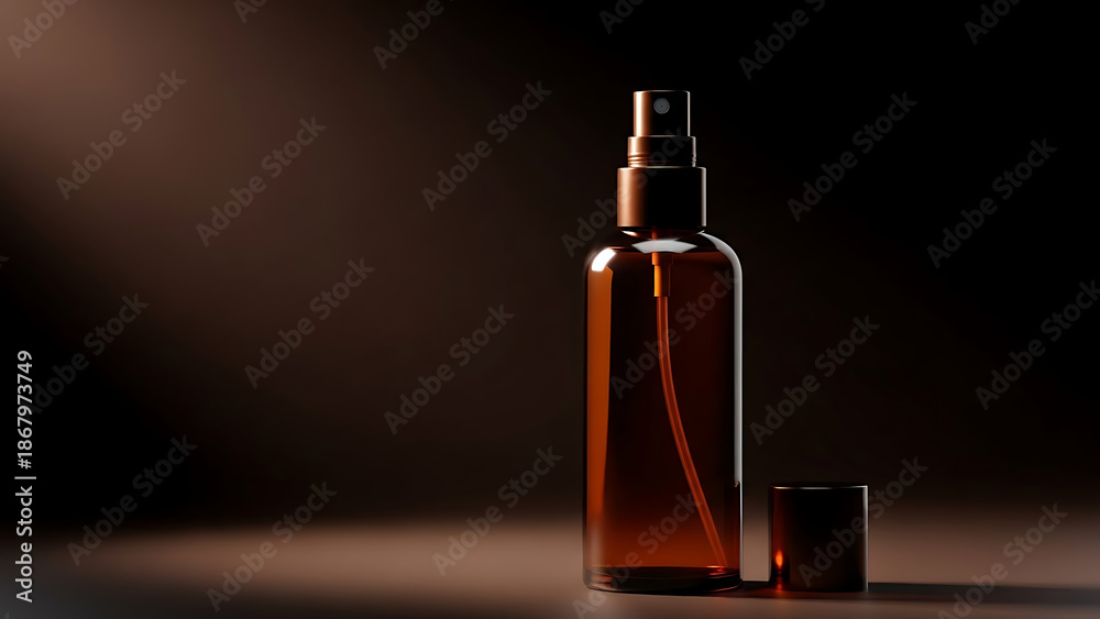 Naklejka premium A brown glass spray bottle with a dark background and soft lighting