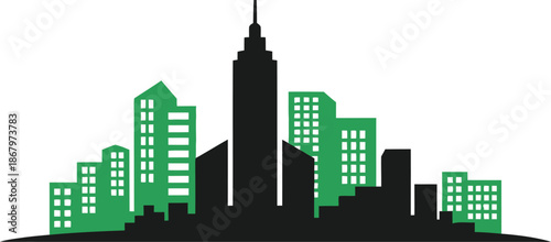 City skyline with green and black buildings