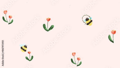 Seamless pattern, Lovely flower and bumblebee hand drawing series, Cute, cozy and Friendly, Watercolor