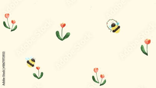 Seamless pattern, Lovely flower and bumblebee hand drawing series, Cute, cozy and Friendly, Watercolor