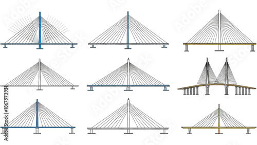 Collection of Diverse Cable-Stayed Bridge Designs Showcasing Architectural Engineering and Modern Infrastructure Concepts