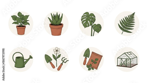 Illustrative icons for gardening diverse plants, essential tools, and a greenhouse for horticultural pursuits