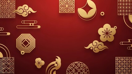 Golden Asian New Year festive frame with traditional decorative elements on a rich red background, perfect for cultural celebrations and prosperity themes