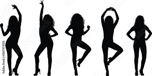 Silhouette of dancing woman, high heels, expressive poses, elegant movement, black vector art, stylish performance, minimal design, graceful posture, artistic form